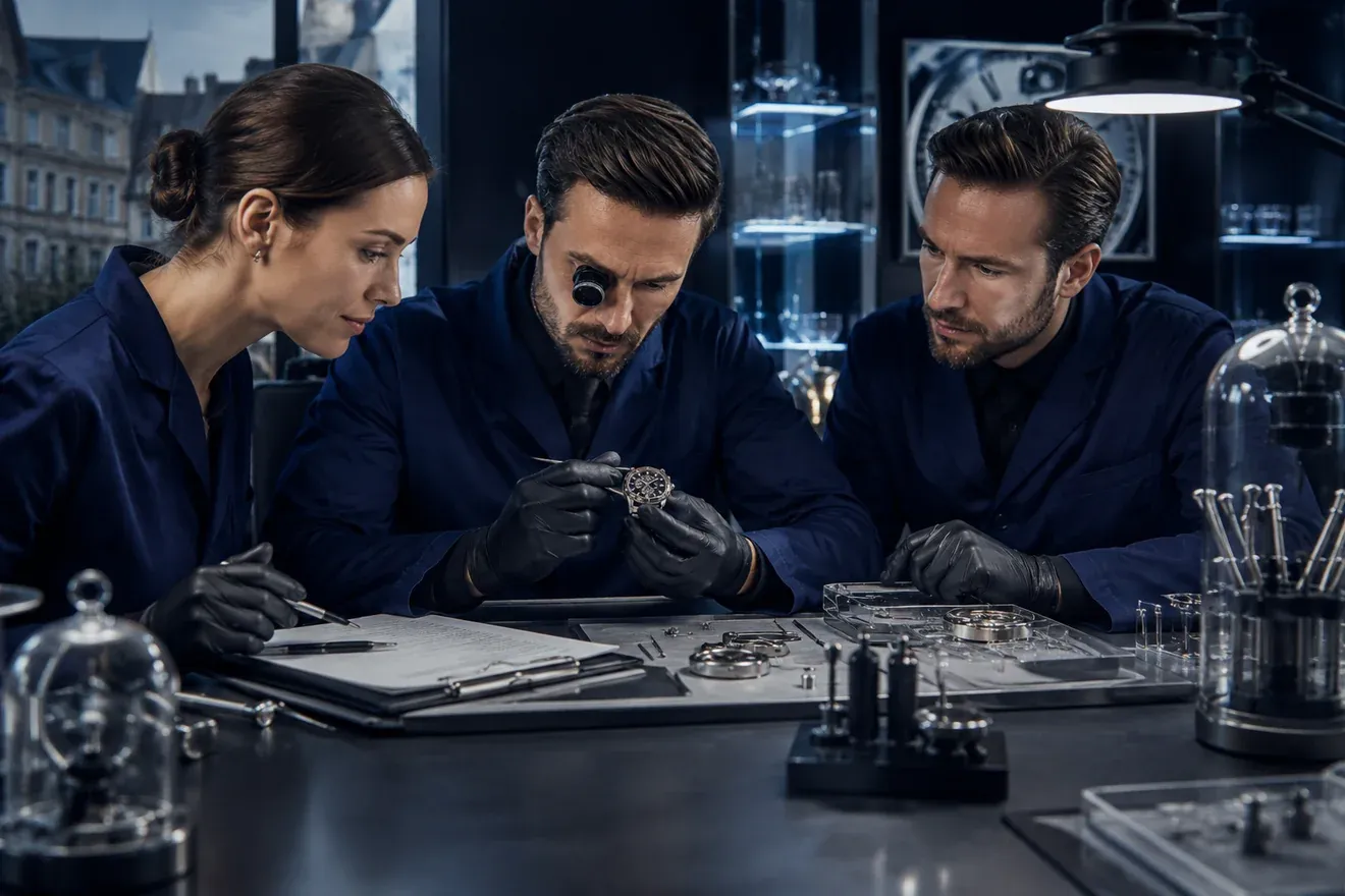 Watch specialists reviewing a repair record